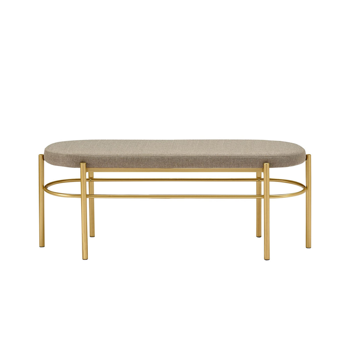 Modern Glam Upholstered Oval Entry Bench, 48 Inch, Taupe/Gold