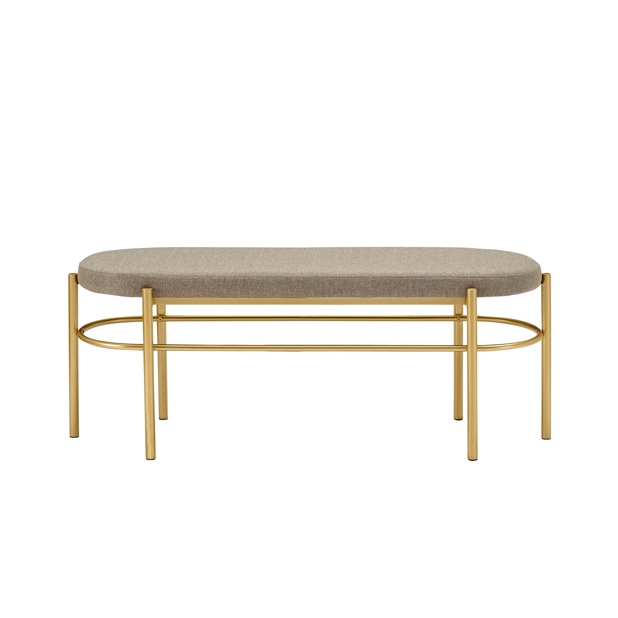 Modern Glam Upholstered Oval Entry Bench, 48 Inch, Taupe/Gold