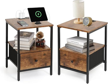 Nightstands Set of 2, 16" x 16" x 23" Bed Side Table with Charging Station