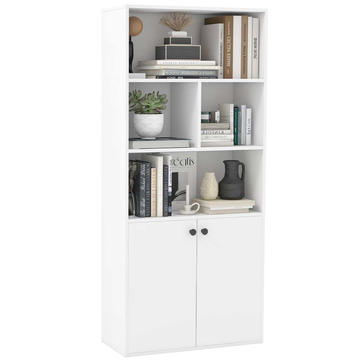 5 Tier Bookcase with 2-Door Cabinet, Tall Freestanding Bookshelf with 4 Open Shelves