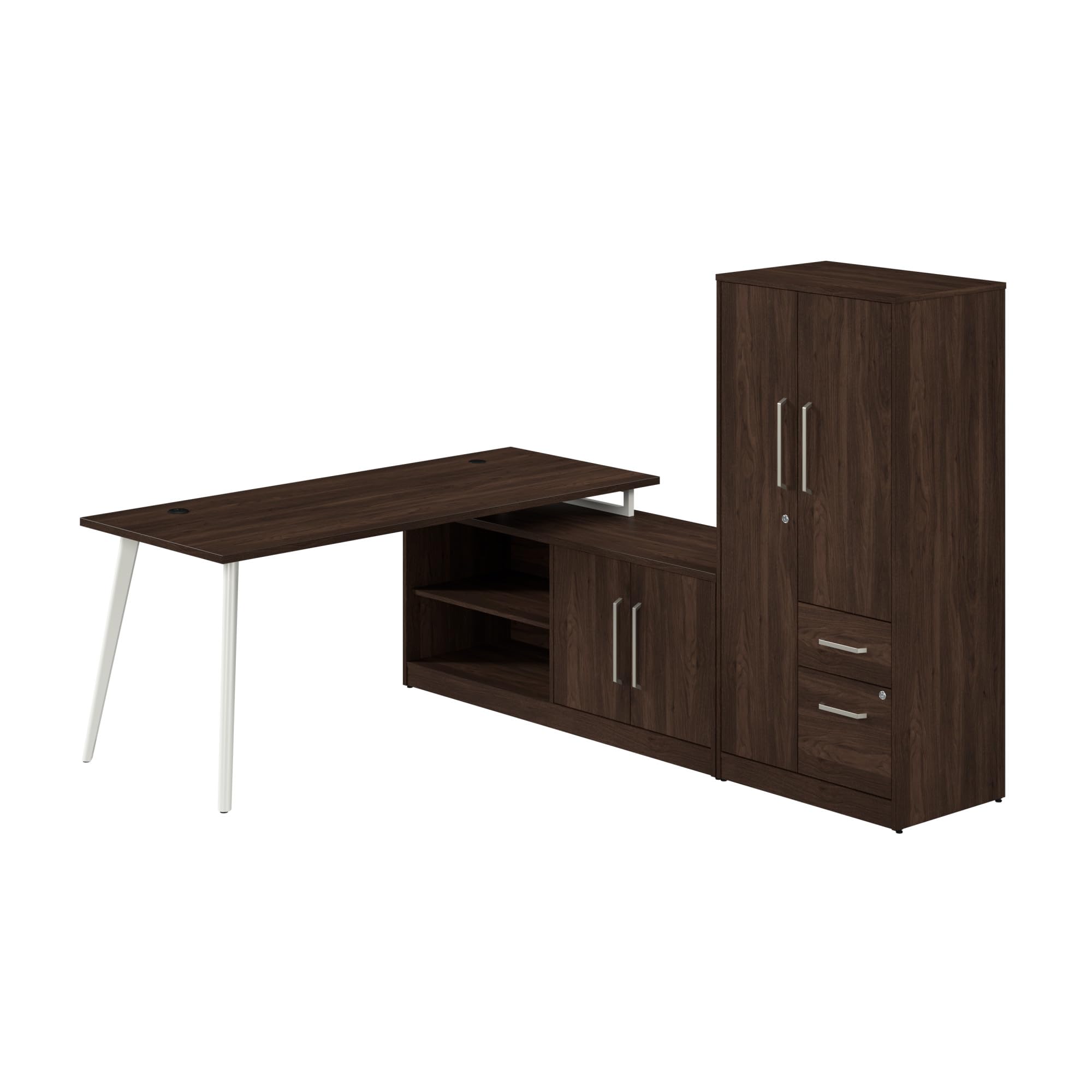 L Shaped Desk 72 inch with Credenza and Tall Storage Cabinet with Doors and Shelves