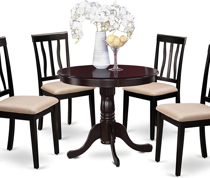 Antique 5 Piece Room Set Includes a Round Wooden Table with Pedestal and 4 Linen Fabric Kitchen Dining Chairs,