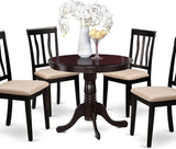 Antique 5 Piece Room Set Includes a Round Wooden Table with Pedestal and 4 Linen Fabric Kitchen Dining Chairs,