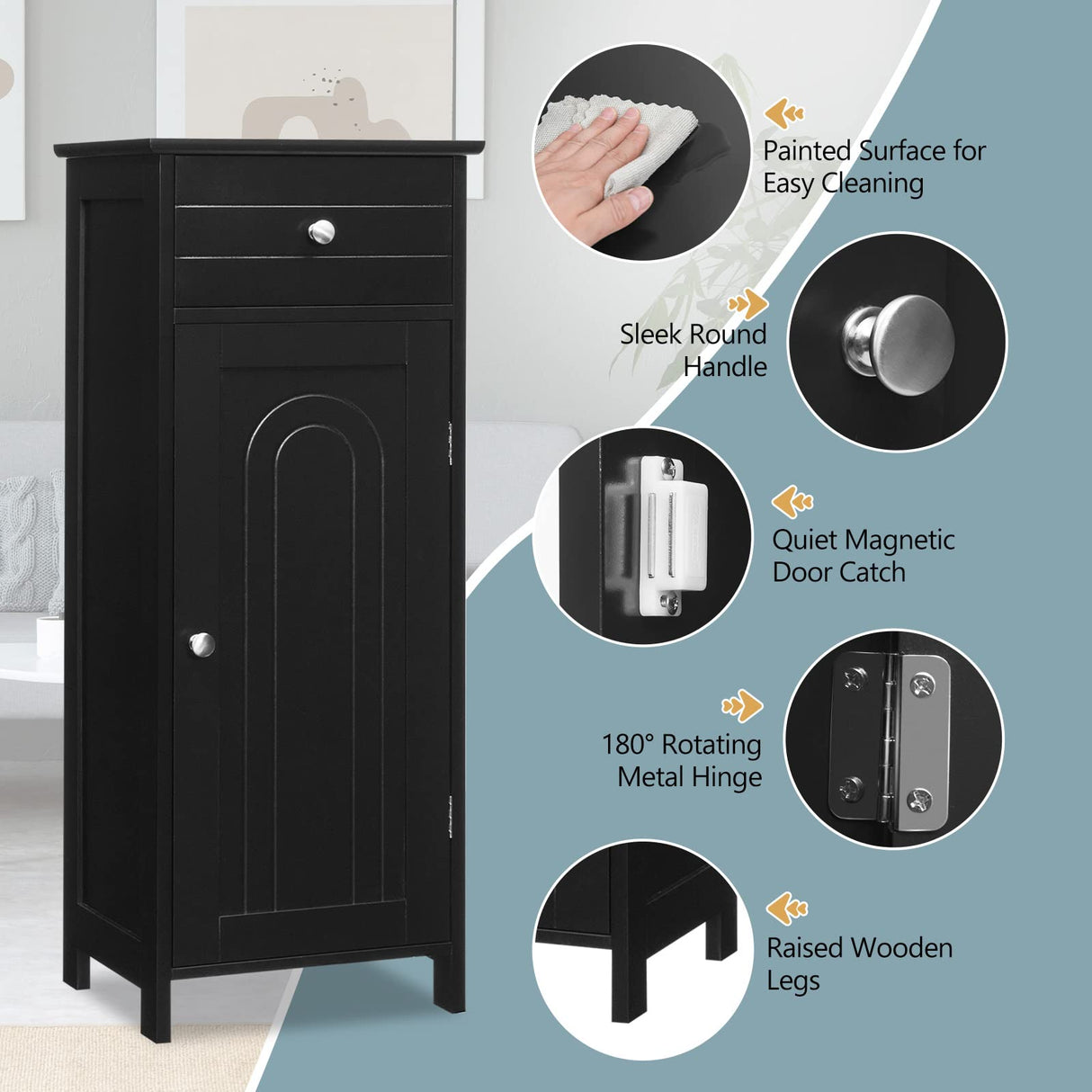 Bathroom Floor Storage Cabinet, 14" x 12" x 34.5" (L x W x H), Black