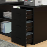 Black L Shaped Desk with Drawers Shelves, 360 Rotating Home Office Desk