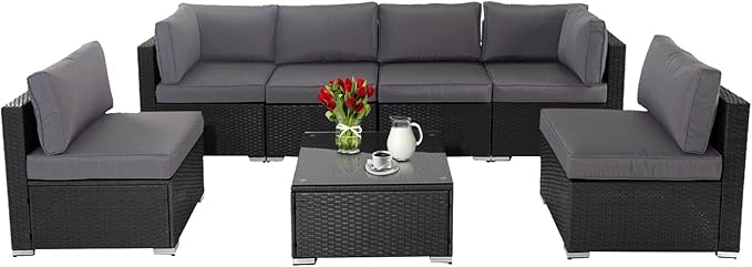 7-Piece Outdoor Patio Sofa, All Weather Black Brown Wicker Sectional Furniture