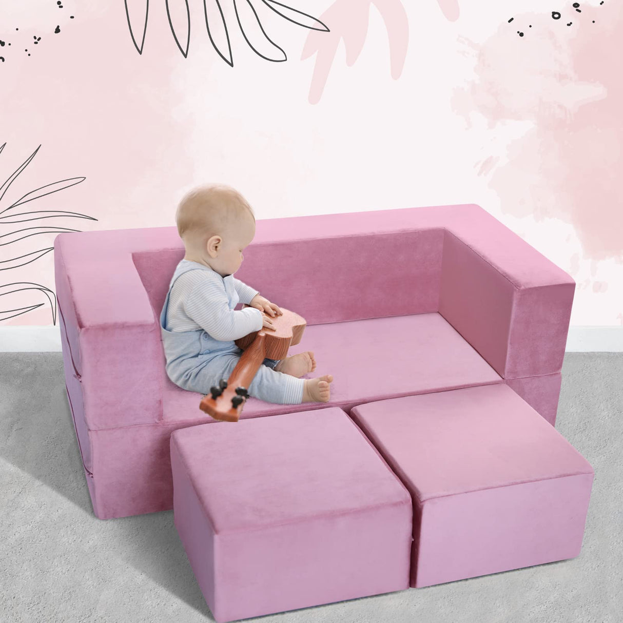 Modular Kids Play Couch Sofa – Pink Convertible Toddler Couch, Fold-Out Plush Foam Chair for Children’s Playroom