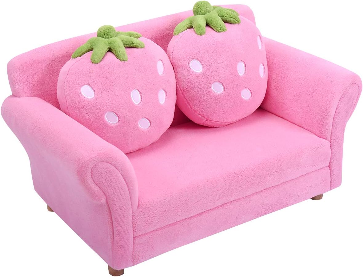 Upholstered Toddler Couch Chair with Ergonomic Back & 2 Strawberry Pillows, Double Seat Toddler Armchair for Boys Girls