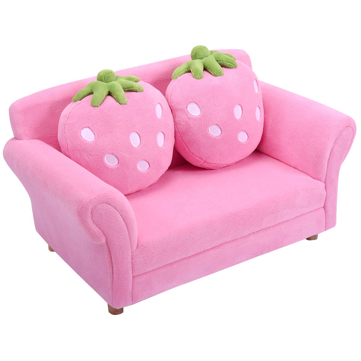 Upholstered Toddler Couch Chair with Ergonomic Back & 2 Strawberry Pillows, Double Seat Toddler Armchair for Boys Girls