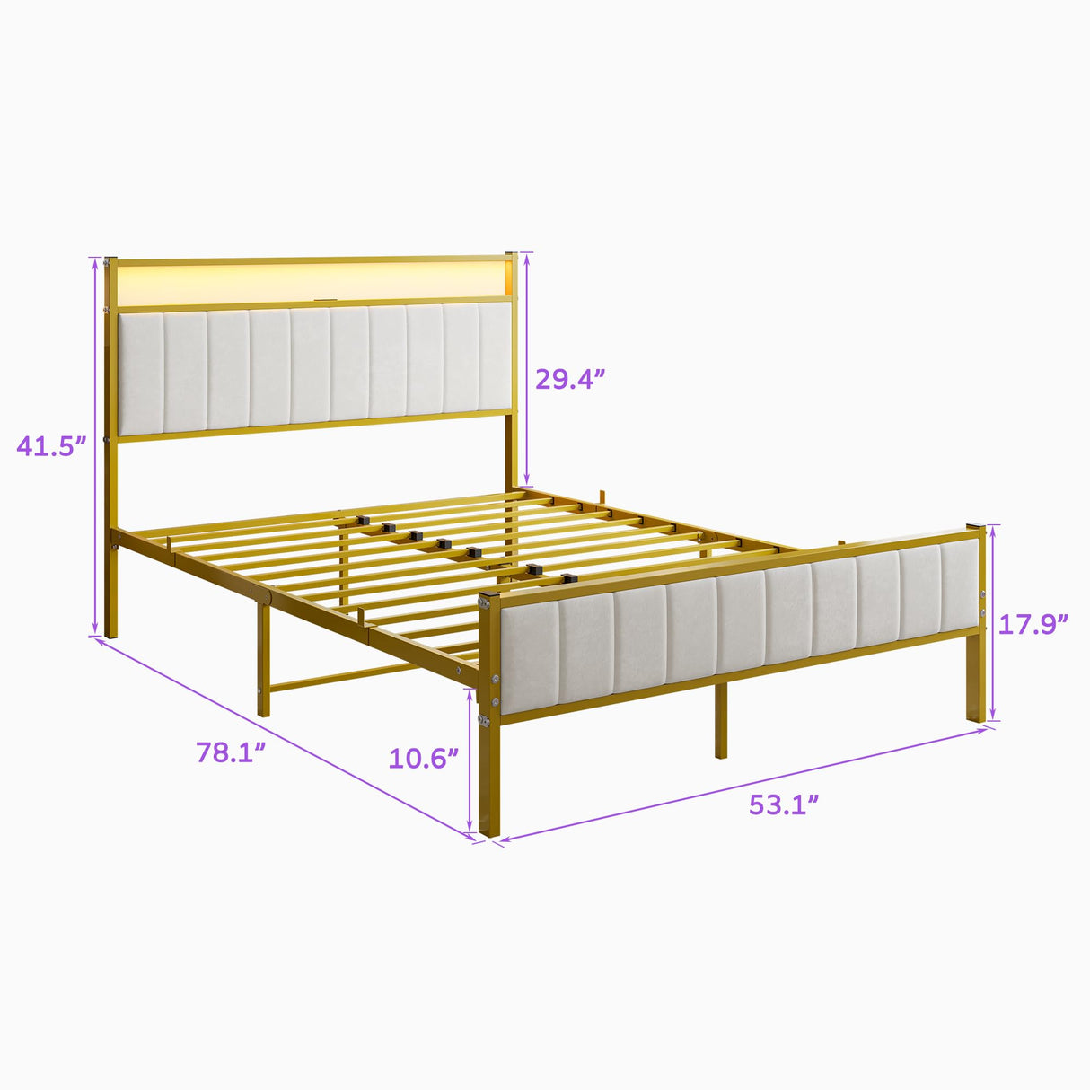 Full Size Bed Frame with Headboard & LED Lights,Upholstered Platform Bed Frame Full Size with Charging Station