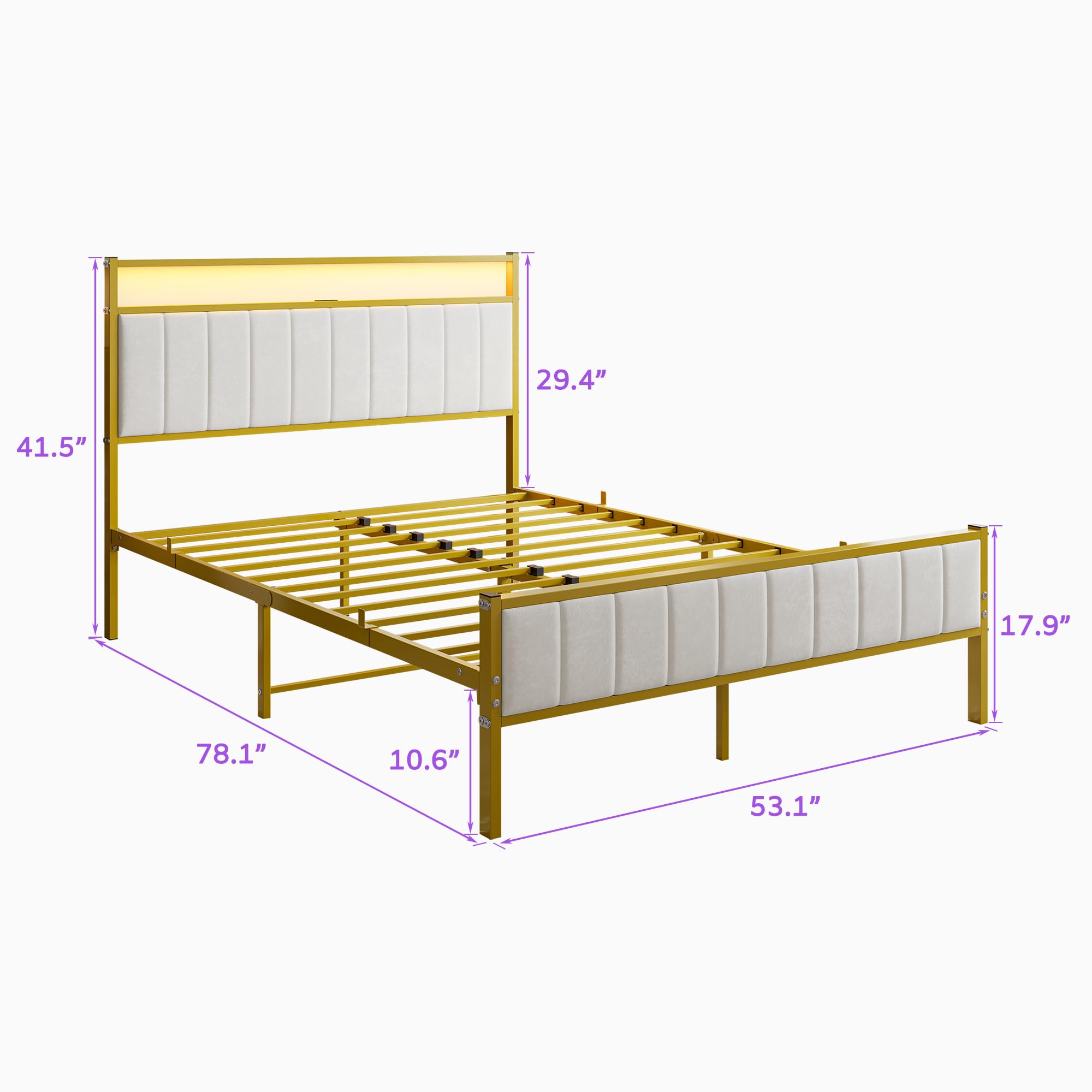 Full Size Bed Frame with Headboard & LED Lights,Upholstered Platform Bed Frame Full Size with Charging Station