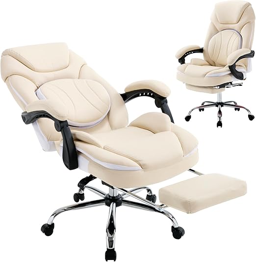 350lbs Reclining Office Desk Chairs with Back Support Footrest, PU Leather Wide