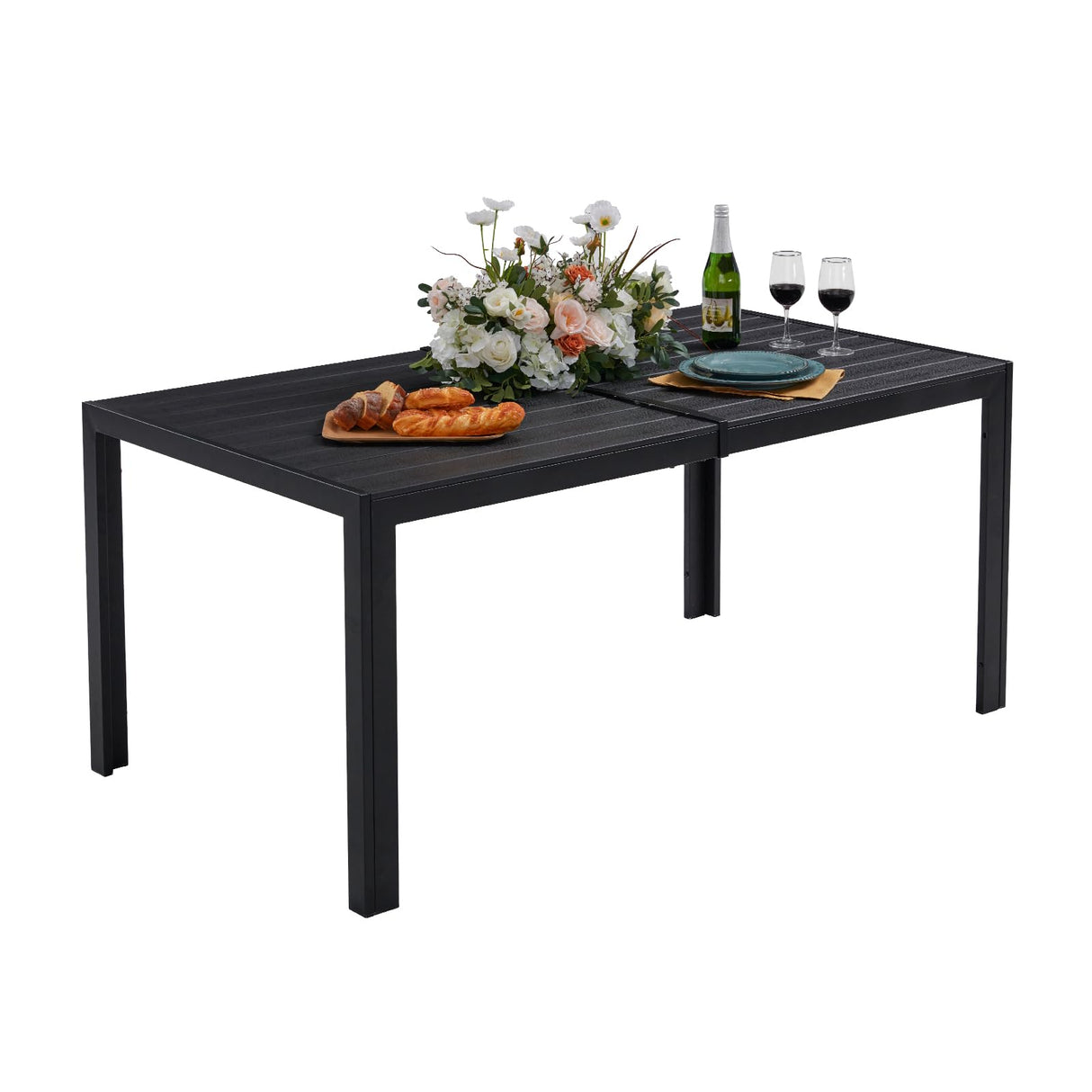 Rectangle Patio Dining Table for 6, All Weather Wood slatted Outdoor Table