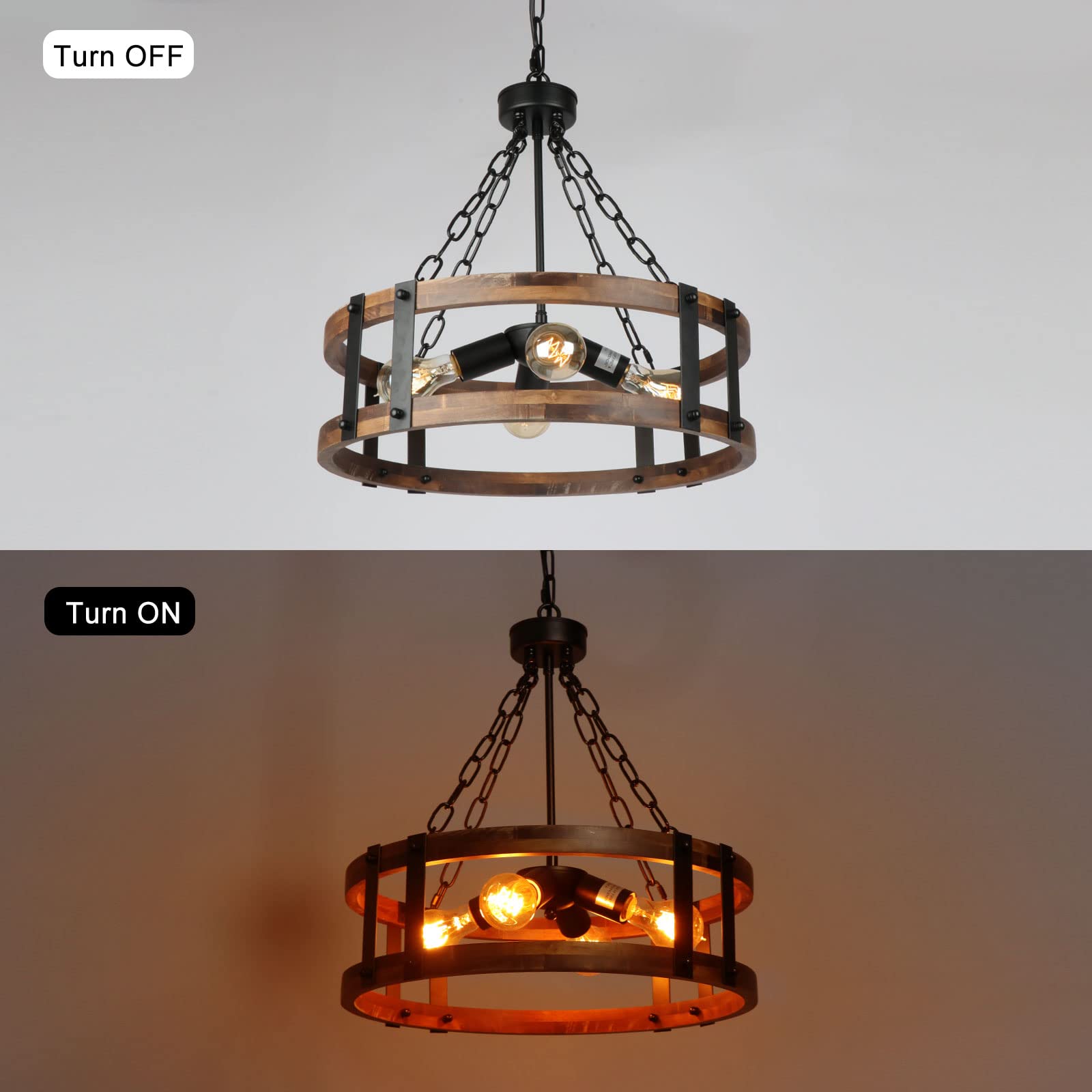 Farmhouse Rustic Wood Chandelier, 4-Light Industrial Drum Chandelier