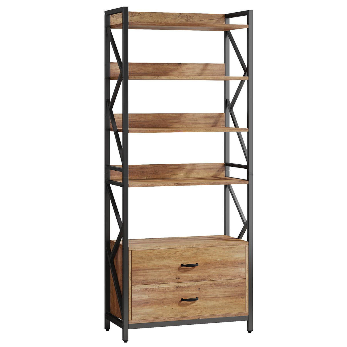 Bookshelf with Drawers, 70.8" Industrial Bookcase with 2 Drawers, 5 Shelf Open Shelf