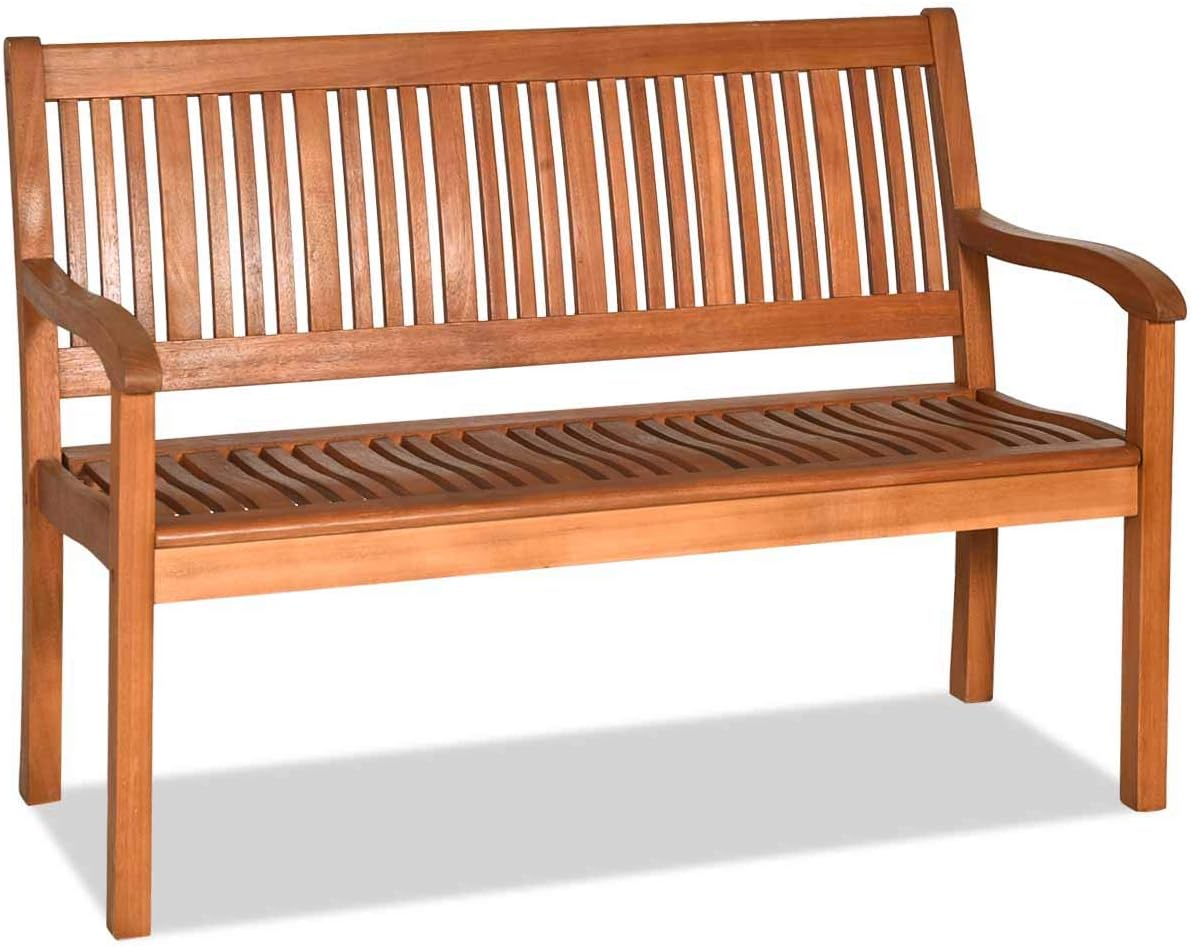 Outdoor Wood Bench, Two Person Solid Wood Garden Bench w/Curved Backrest