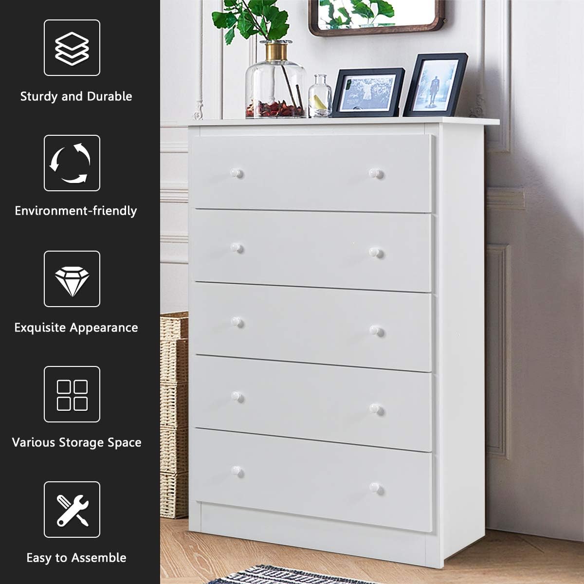 5 Drawer Chest, Storage Dresser, Wooden Clothes Organizer Bedroom, Hallway