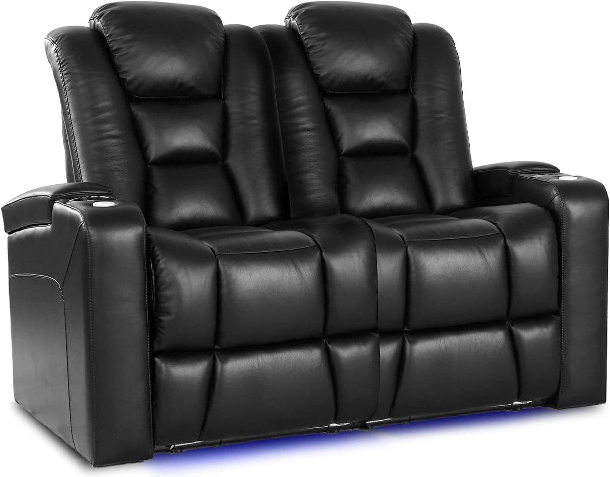 Theater Seating | Premium Top Grain Italian 11000 Leather, Power Recliner, Power Headrest, LED Lighting (Row of 2 Loveseat, Black)