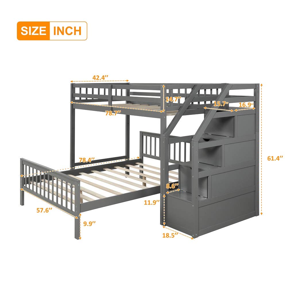 Twin Over Full Loft Beds, Bunk Beds Twin Over Full with Stairway and Storage, Full-Length