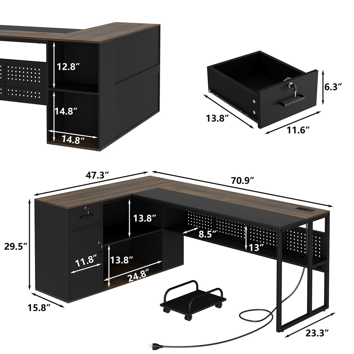 71 inch Executive Desk, L Shaped Desk with Cabinet Storage, Executive Office