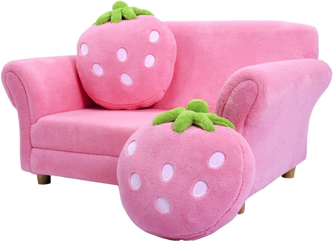 Double Seat Pink Children's Sofa with 2 Strawberry Pillows, Toddler Armrest Chair for Bedroom, Living Room, Large Soft for Kids Loveseat Toy for Baby Girls Preschool Gifts Presents