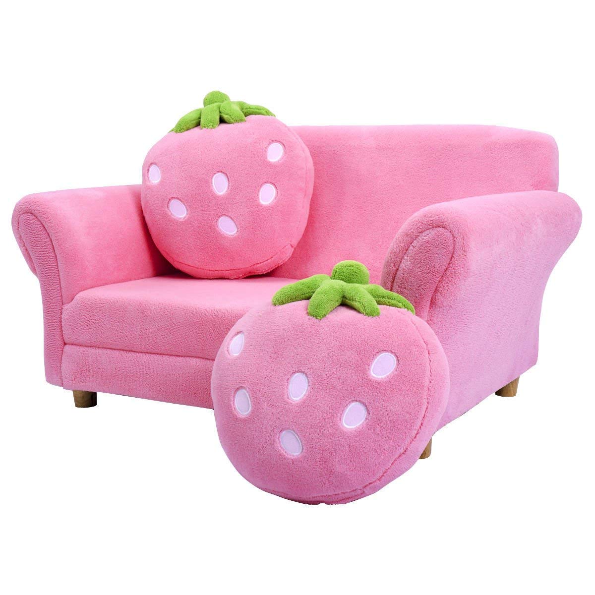 Double Seat Pink Children's Sofa with 2 Strawberry Pillows, Toddler Armrest Chair for Bedroom, Living Room, Large Soft for Kids Loveseat Toy for Baby Girls Preschool Gifts Presents