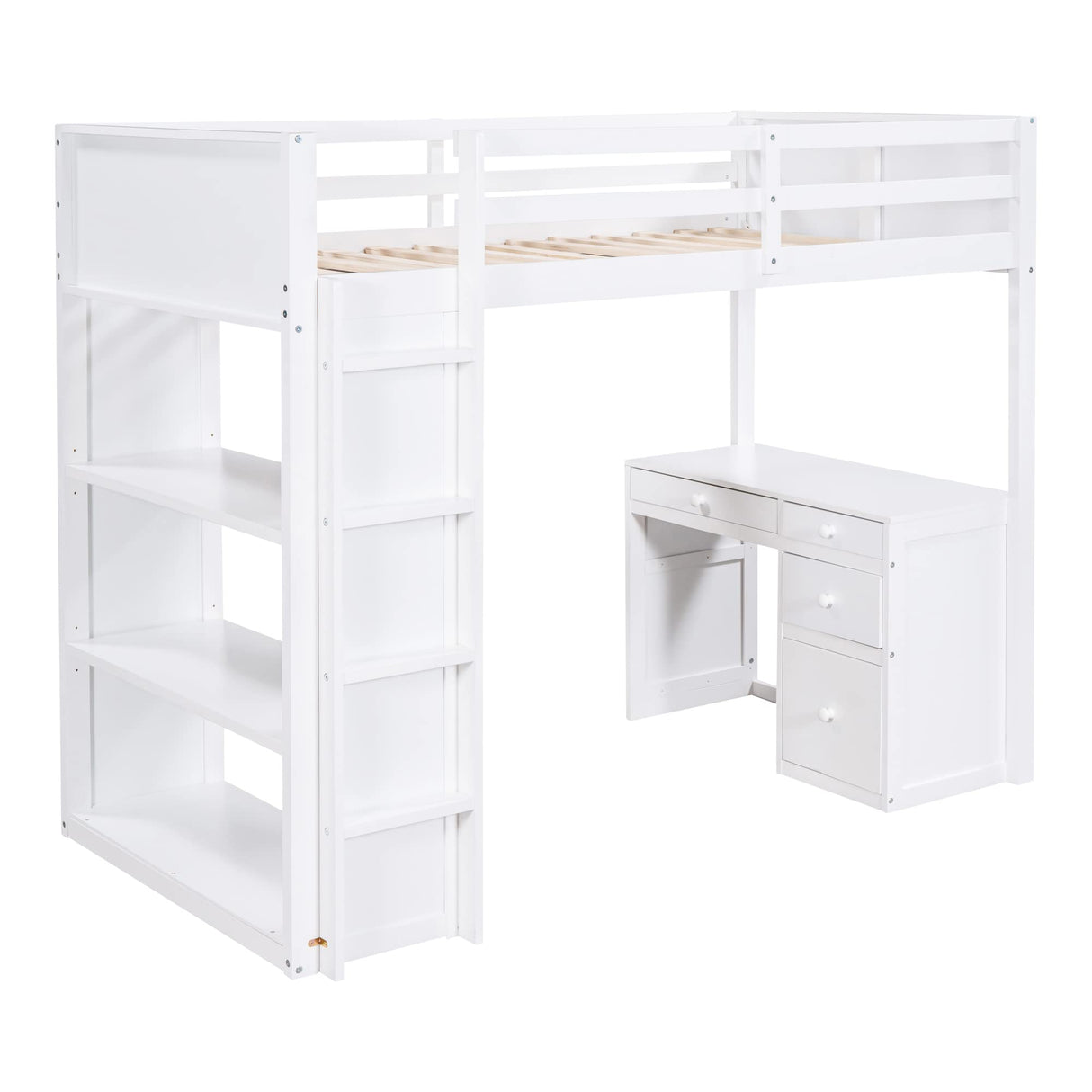 Twin Loft Bed with Desk and Four Storage Shelves and 5 Drawers, Wood Loft Beds Frame