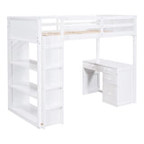 Twin Loft Bed with Desk and Four Storage Shelves and 5 Drawers, Wood Loft Beds Frame