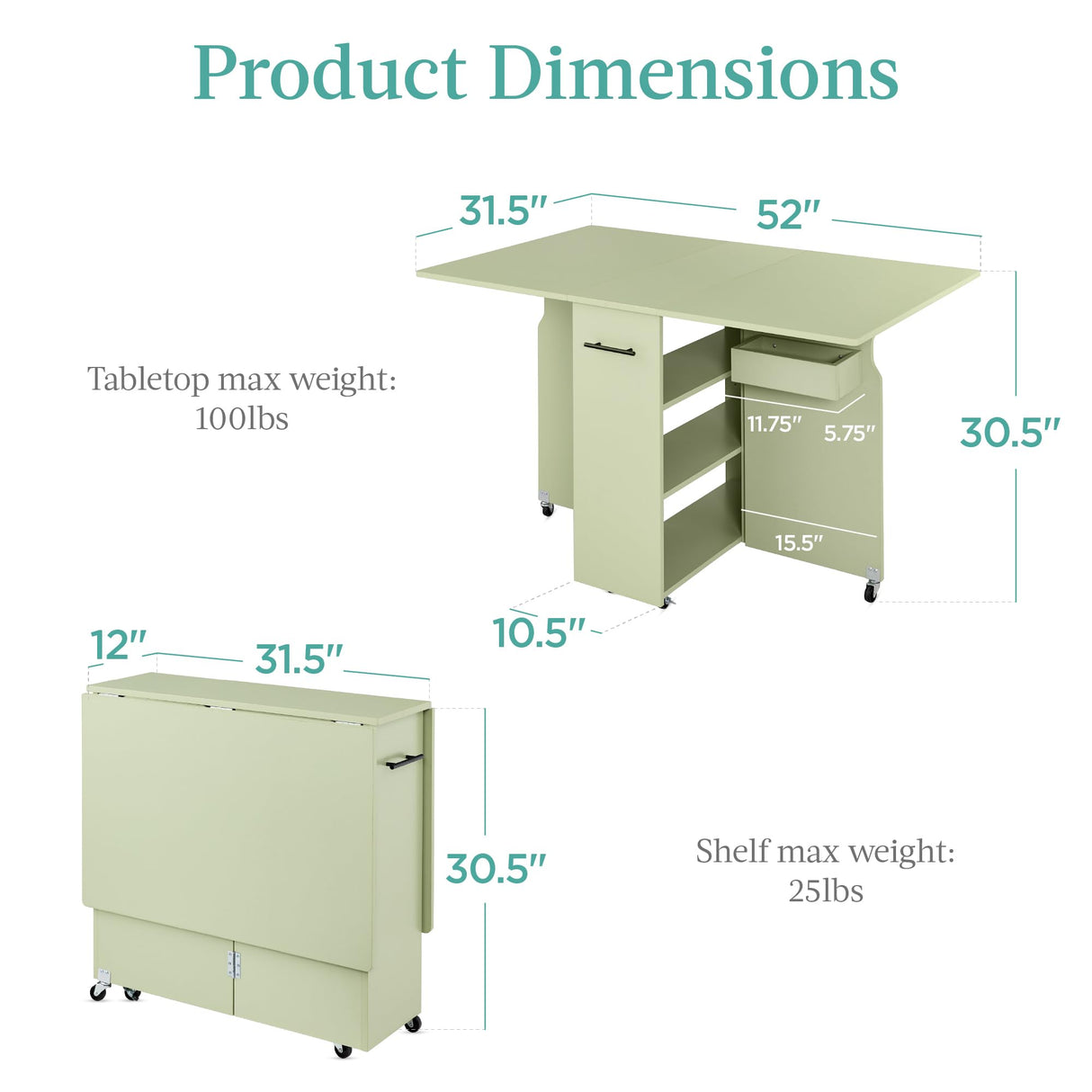 Folding Dining Table, Multipurpose Space Saving Collapsible Drop Leaf Extension Desk w/Wheels,