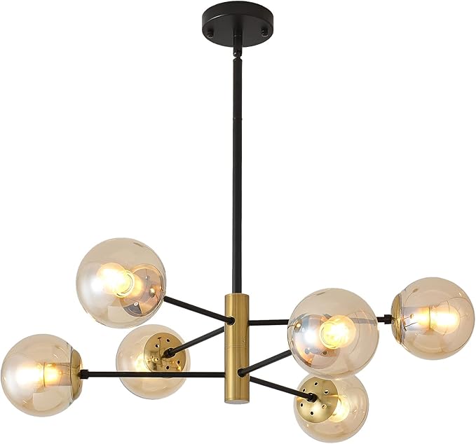 6-Lights Amber Glass Globe Chandelier, Recessed Sputnik Chandelier