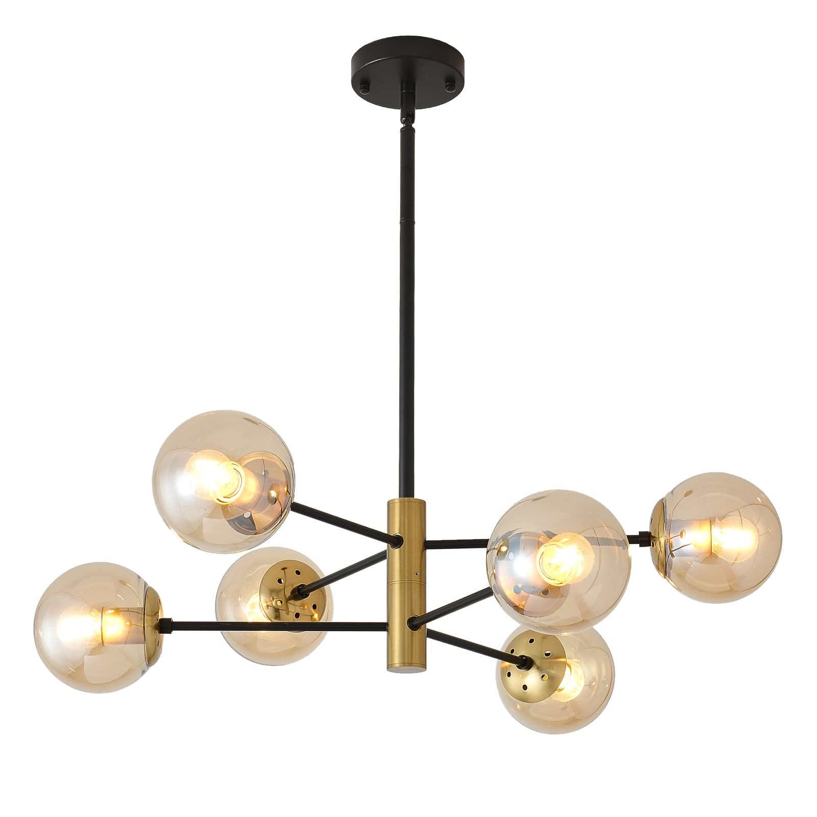 6-Lights Amber Glass Globe Chandelier, Recessed Sputnik Chandelier
