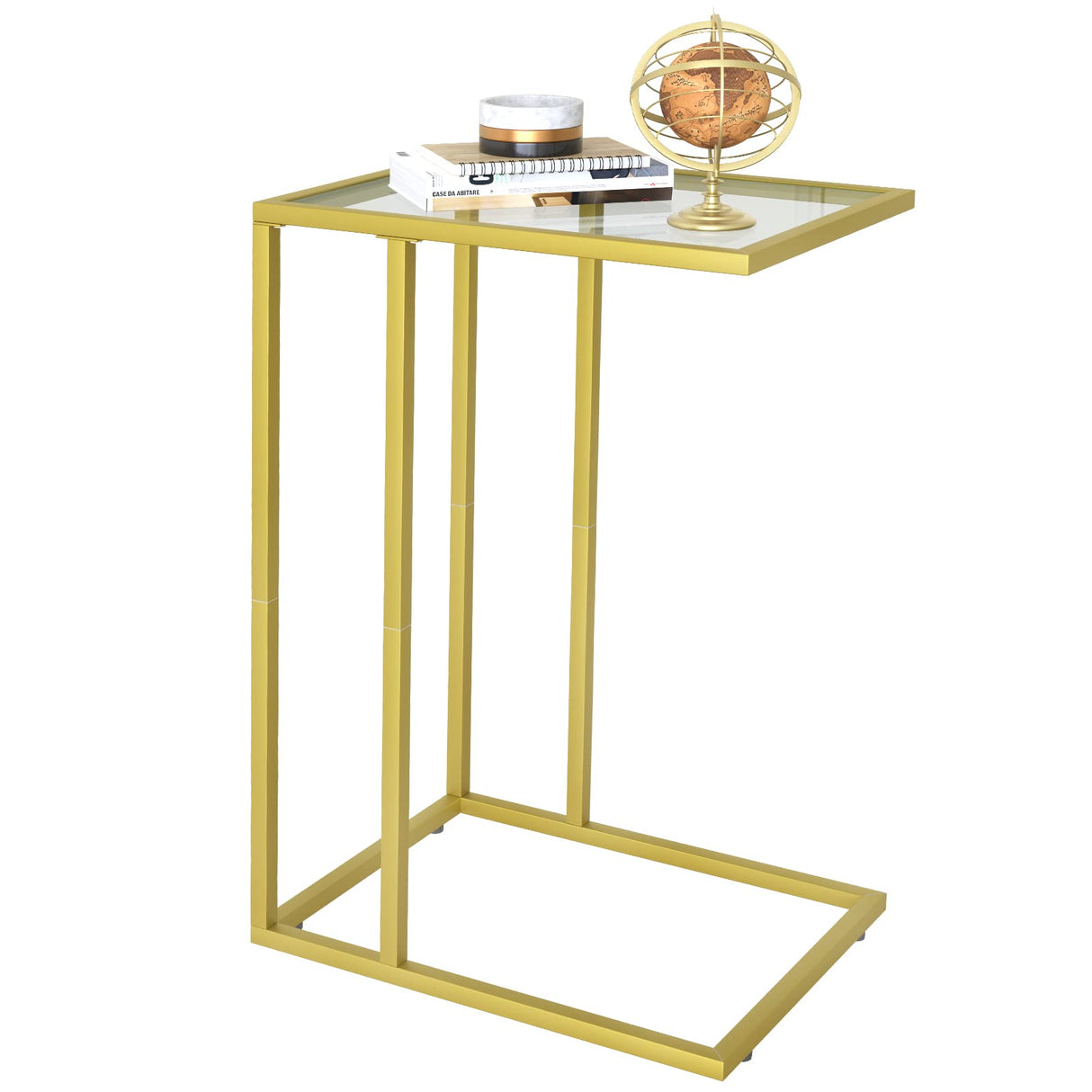 C Shaped Glass End Table, Small Gold Sofa Side Table, Narrow Snack Side Table