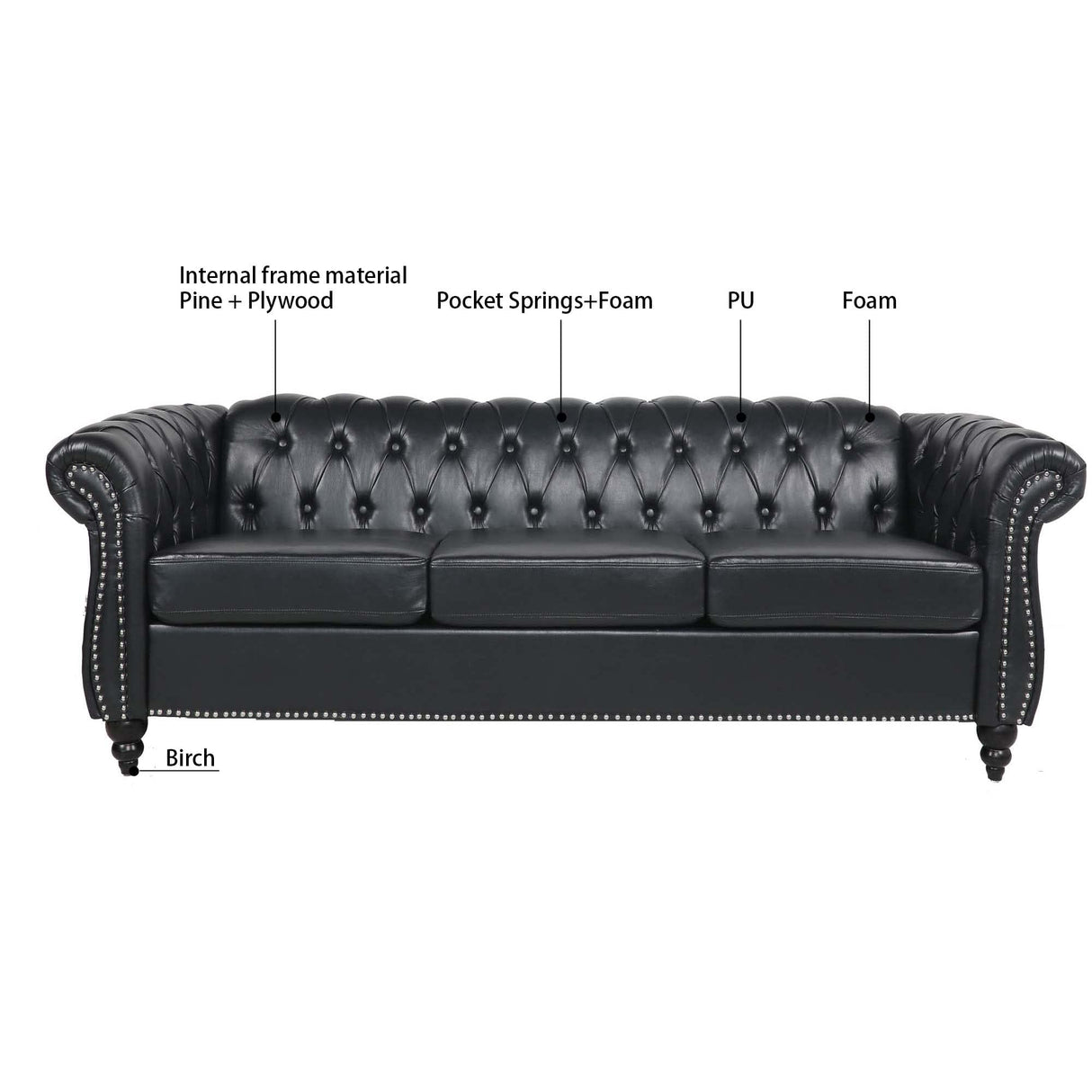 Chesterfield PU Leather Sofa, Upholstered PU Sofa with Tufted Back