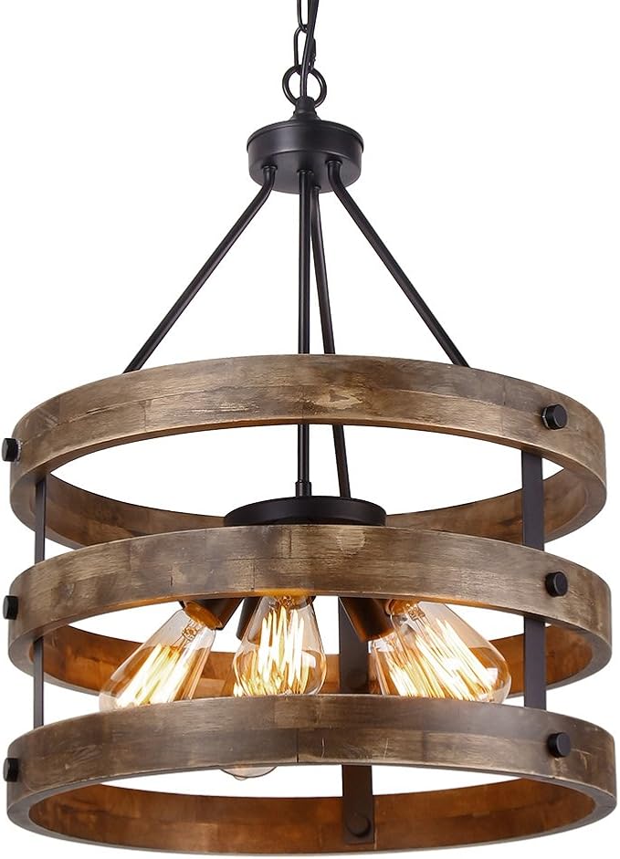 Round Wooden Chandelier Metal Pendant Three Lights Decorative Lighting Fixture Retro