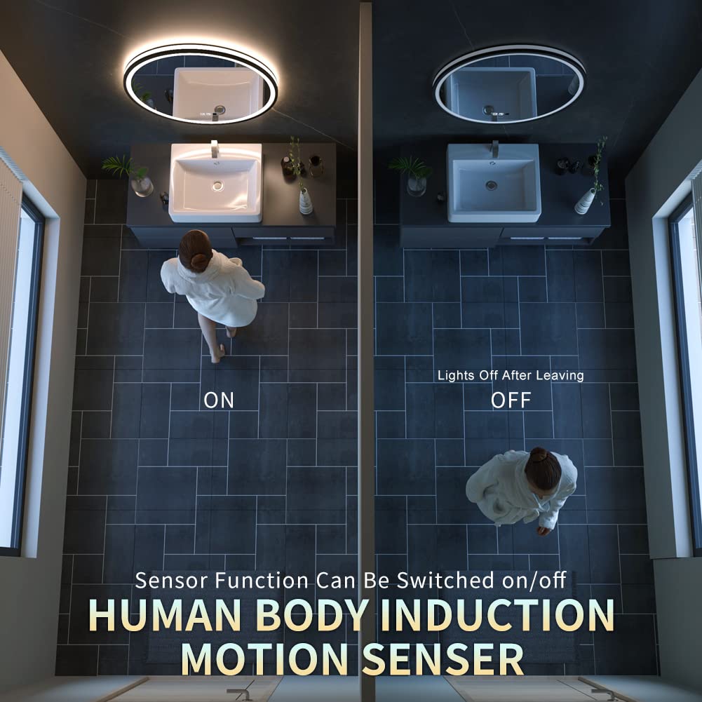 Round LED Sensor Mirror with Dimmable Anti-Fog - 28" Black Frame