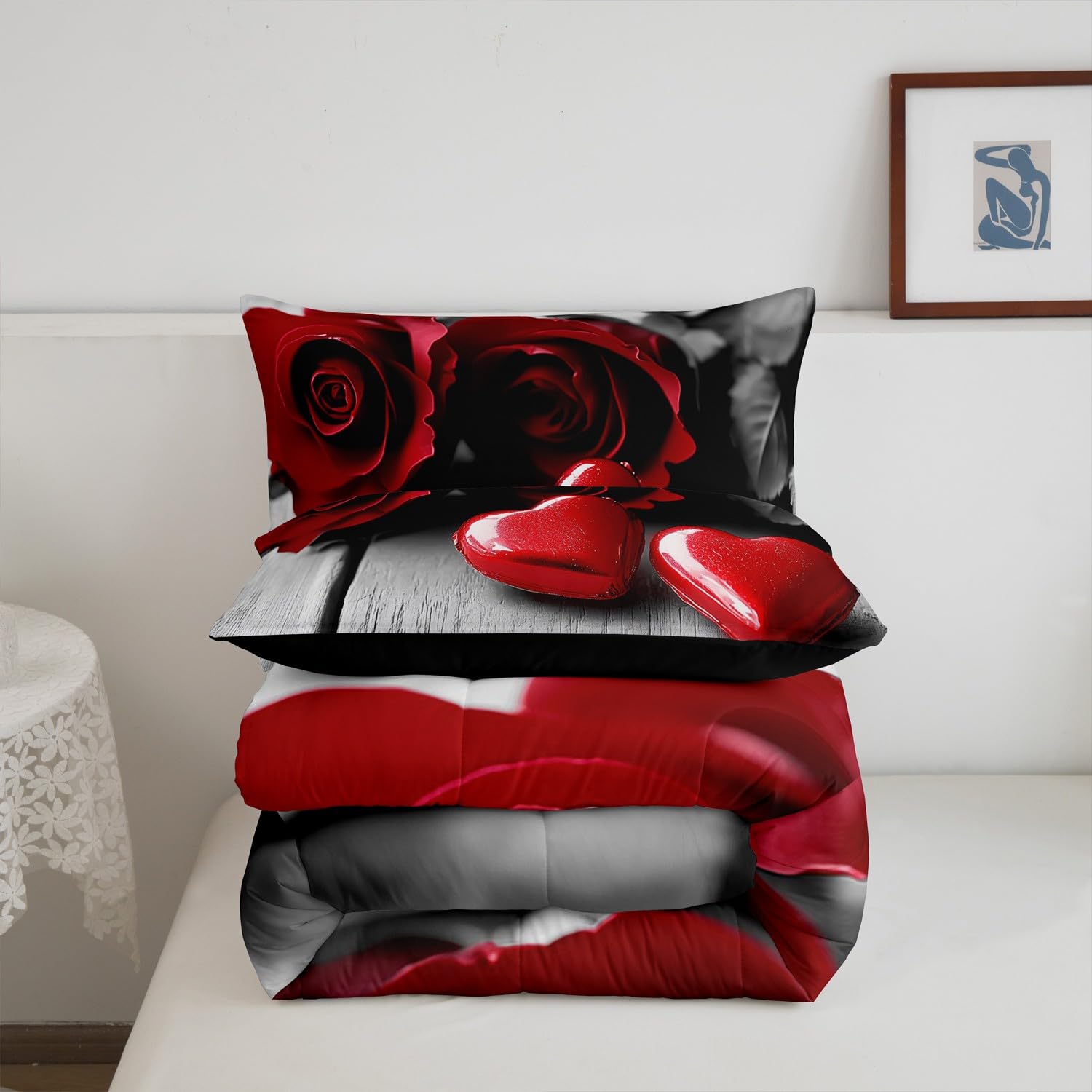 Grey Red Floral Rose King Comforter Set,Gothic Romantic Flower Rose Bedding Set