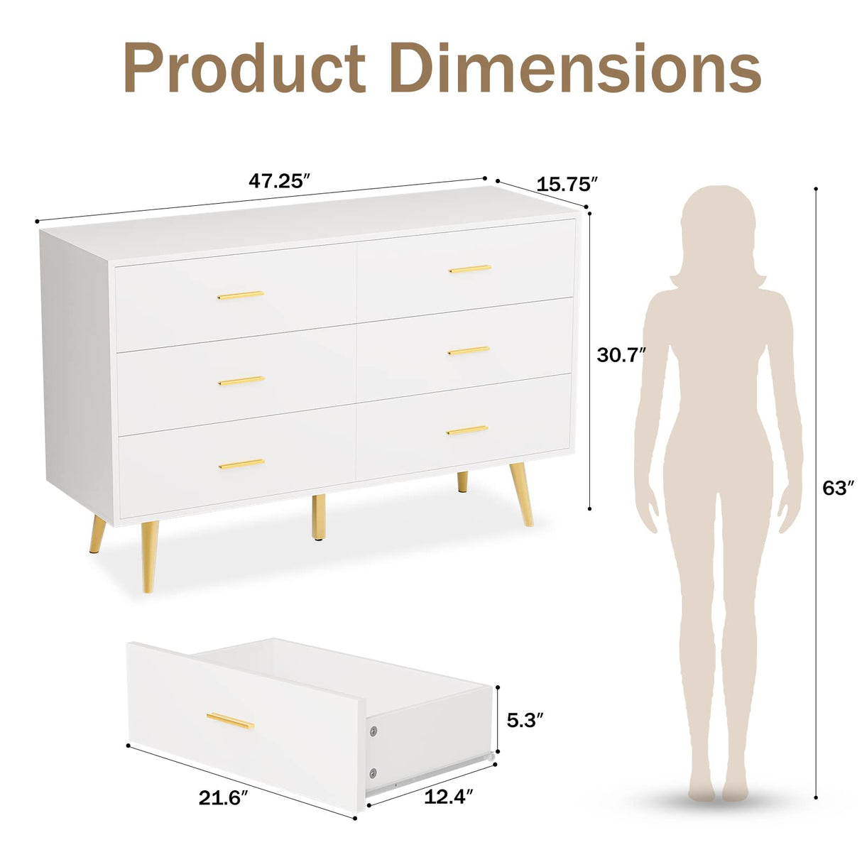 White 6 Drawer Dresser for Bedroom, Wooden White Double Dresser with Gold Handles