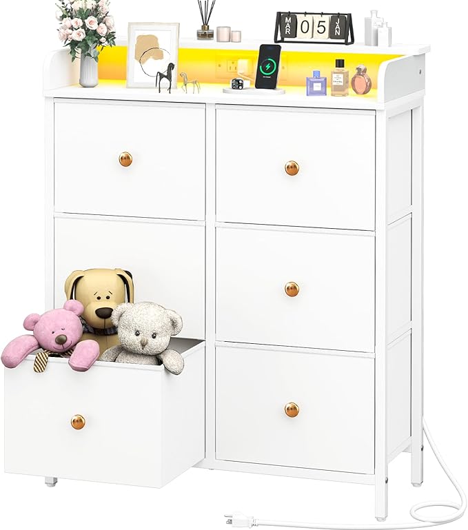 Dresser for Bedroom with Charging Station, 6-Drawer Chest Furniture with LED Lights