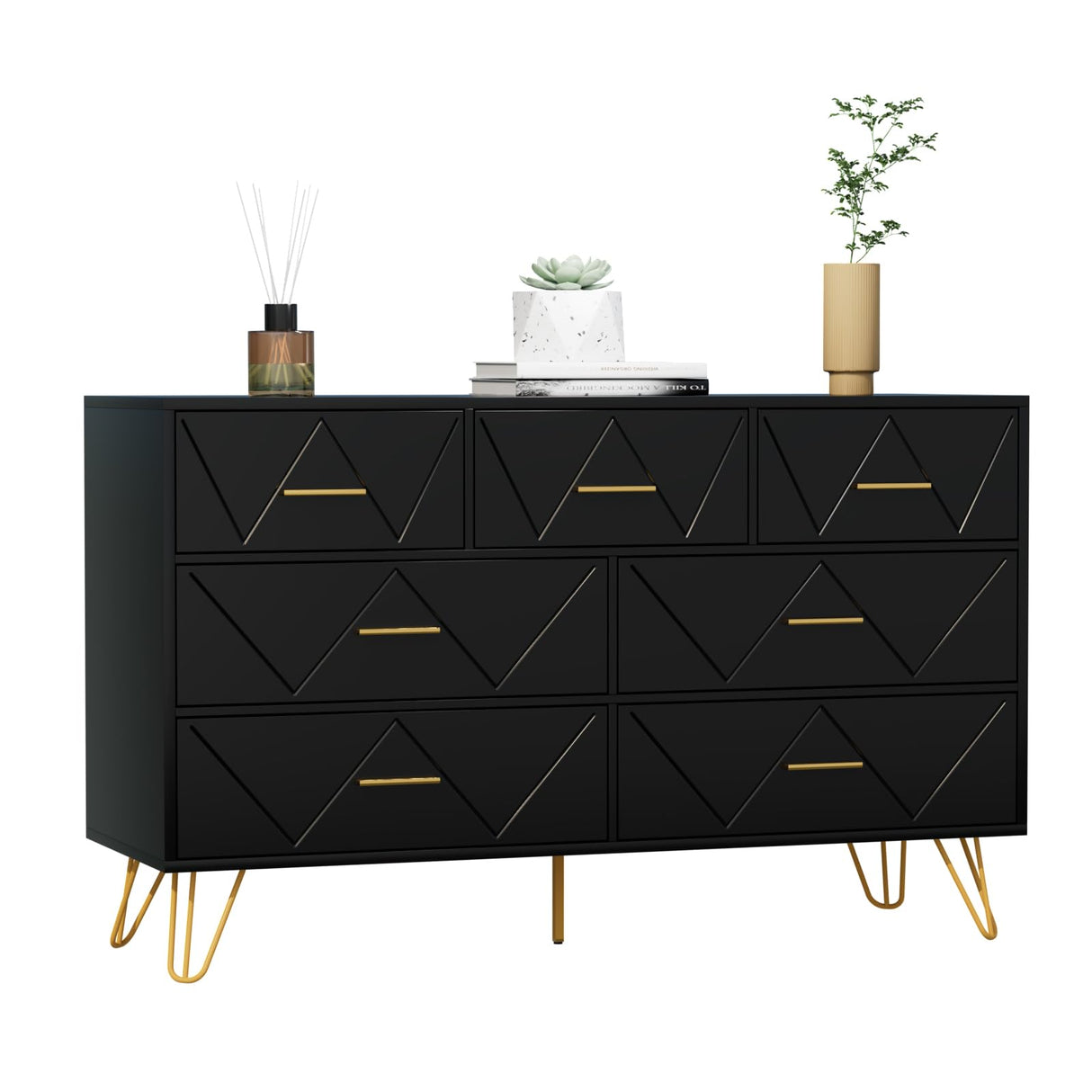 Dresser for Bedroom, 7 Drawer Dresser, Black Dresser with Gold Handles