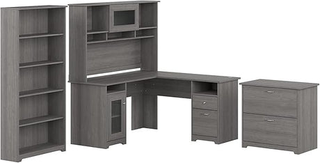 L Shaped Desk with Hutch, 5 Shelf Bookcase and Lateral File Cabinet | Cabot Collection