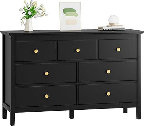 White Dresser for Bedroom, 7 Drawer Dresser with Wide Drawers and Metal Handles