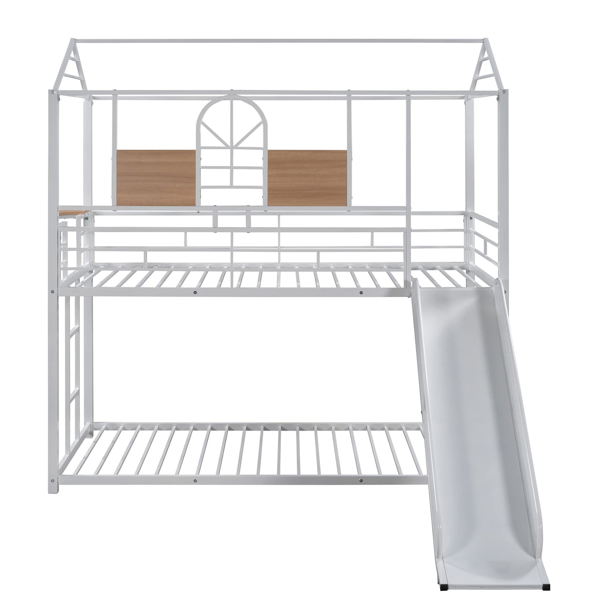 Size Metal Bunk Bed Frame with Roof Design and Bedside Storage Shelf, Metal House