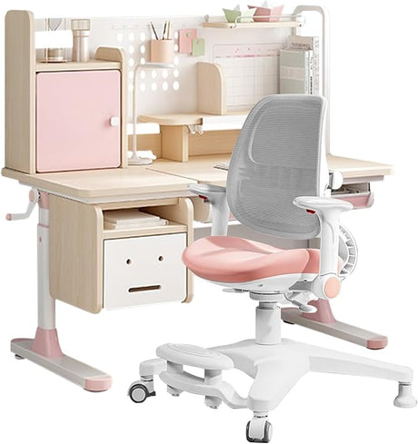 Chair Set, Ergonomic Wood Adjustable Kids Study Desk with Bookshelf, Tiltable Desktop,