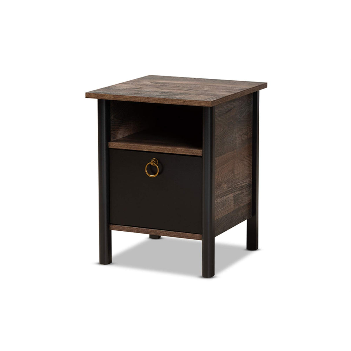 Baxton Studio Vaughan Two-Tone Rustic Brown and Black Finished Wood Nightstand