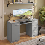 Computer Desk 53 Inch with 3 Drawers 1 Door and 1 Storage Shelf Ergonomic Wooden Home Office Gaming Writing Workstation Study Furniture - Grey