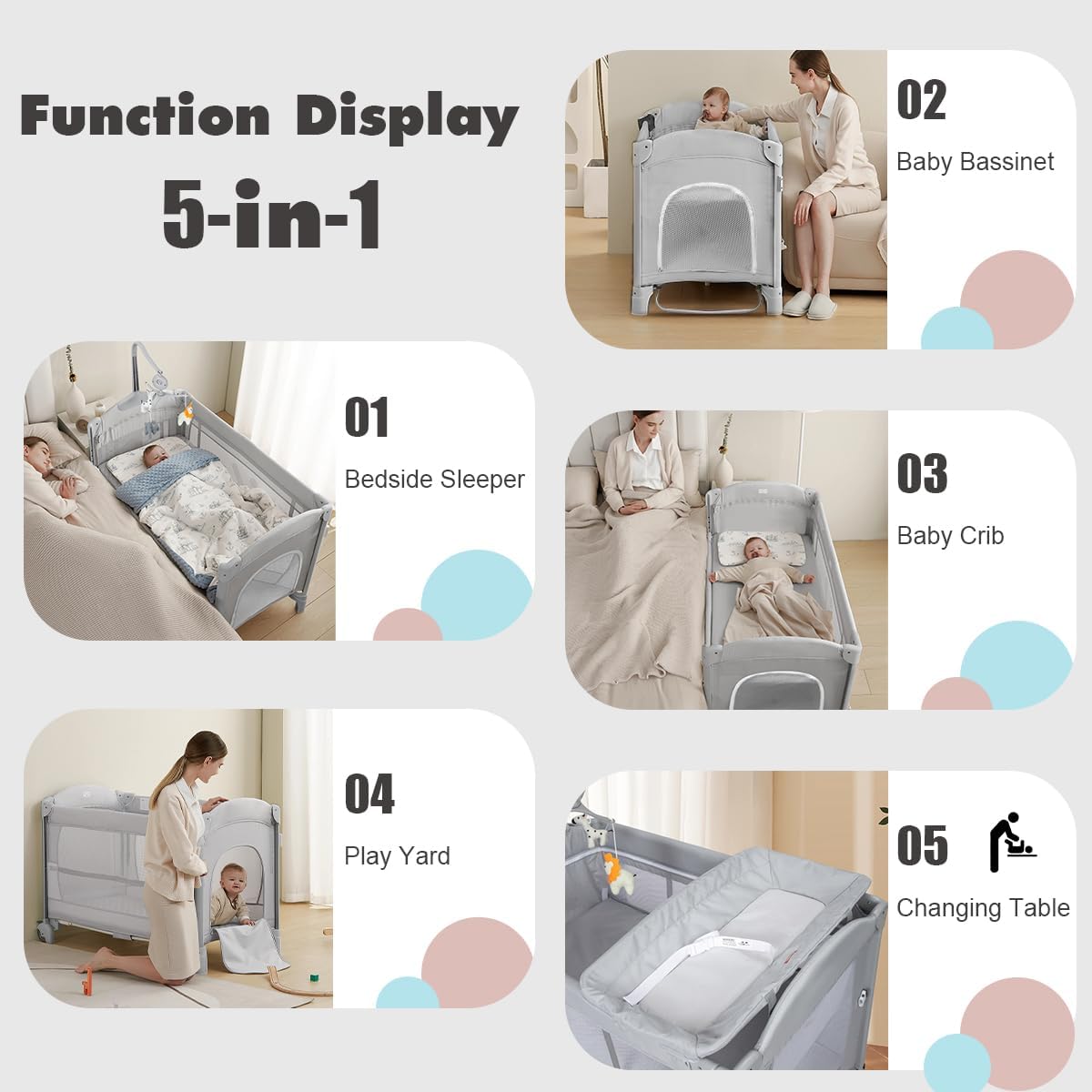 5-in-1 Playpen Portable Crib for Baby,Multifunction Bedside Crib from