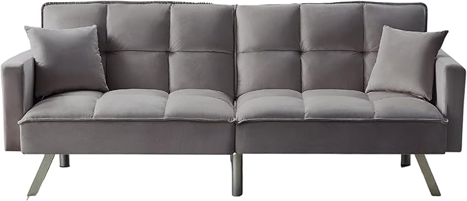 80'' Velvet Love seat Convertible Futon Two Pillows, Sleeper Couch
