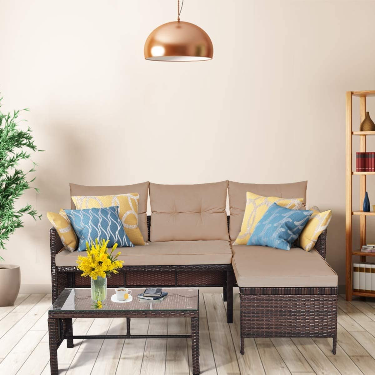3 PCs Outdoor Patio Sofa Set, Rattan Sofa Set with Coffee Table, Lounge Chaise