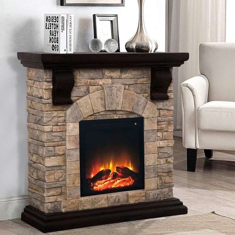 40 in.Freeing Electric Fireplace with Stone Mantel - L X D X H(Inch):40 * 12 * 39.2 Brown