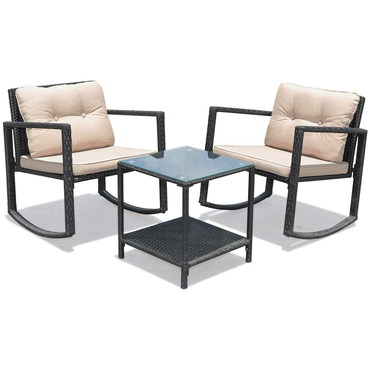 HAPPYGRILL 3-Piece Rocking Bistro Set Outdoor Patio Rocking Chairs with Coffee Table, Rattan Wicker Furniture Conversation Set for Garden Lawn Backyard Balcony